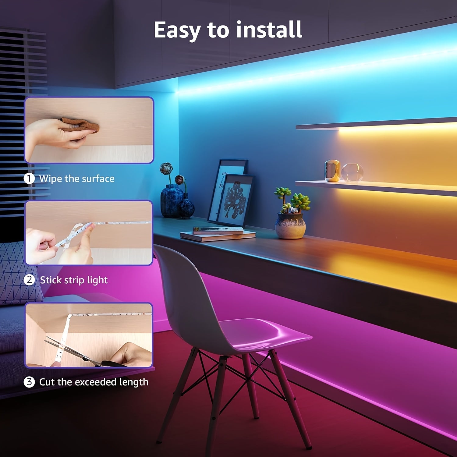 USB- RGB LED Strip Lights with Remote Control & Color-Changing Dimmable Backlight Suitable for TV, Bedroom, Party Decor, RGB Strips for Home Ambiance Lighting, Compatible for PC, Bookshelf, Ceiling Fan Wiring (No)