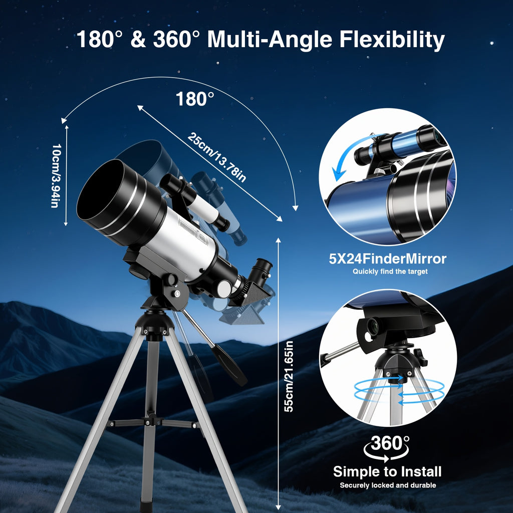 150X Telescope, 70mm Aperture Telescope For Adults High Power, Portable Monocular Telescope With Tripod Phone Holder, Eyepiece, Barlow Lens, Perfect Telescope For Nature Viewing, Education, Ideal Gifts For Lovers And Family Members