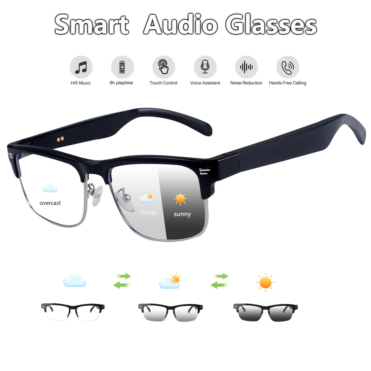 New Smart Glasses with Auto-tinting Lenses That Automatically Transform into Fashion Glasses in Sunlight. Built-in Microphone and Speaker for HD Voice Calls and HiFi Music Quality. Smart Audio Glasses, Ideal for Sports, Driving, Fishing, and Daily