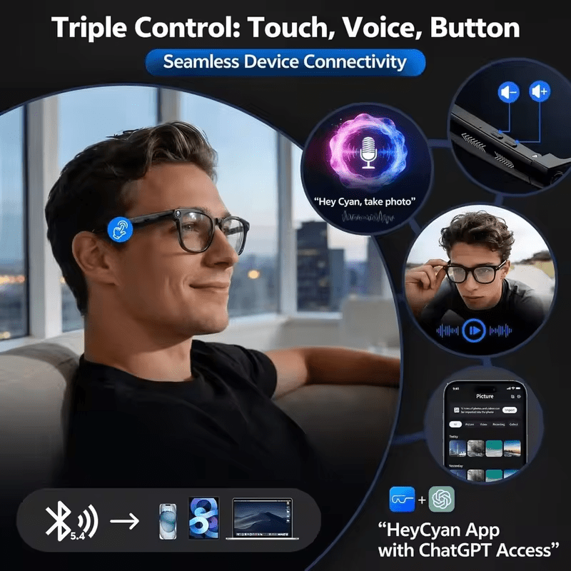 2026 AI Smart Glasses Camera 8MP HD Video Recording Glasses with Audio, Real-Time Translation, Bluetooth Call & Music, AI Object Recognition, Touch Control, Wearable Camera Glasses for Men Women Travel Outdoor