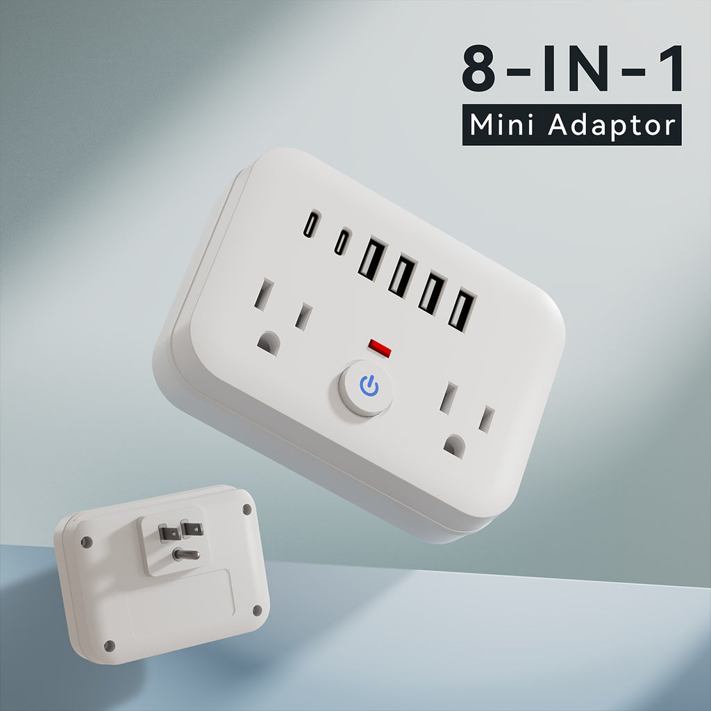Mini Portable Surge Protector Power Strip, 8-in-1 Multifunction with 2 Outlets, 4 USB Ports, 2 USB-C Jacks, Overload Protection, US Plug, Wall-Mounted for Home, Travel, Office - Black & White, Travel Accessory | Sleek Black Design | Multi-port Surge