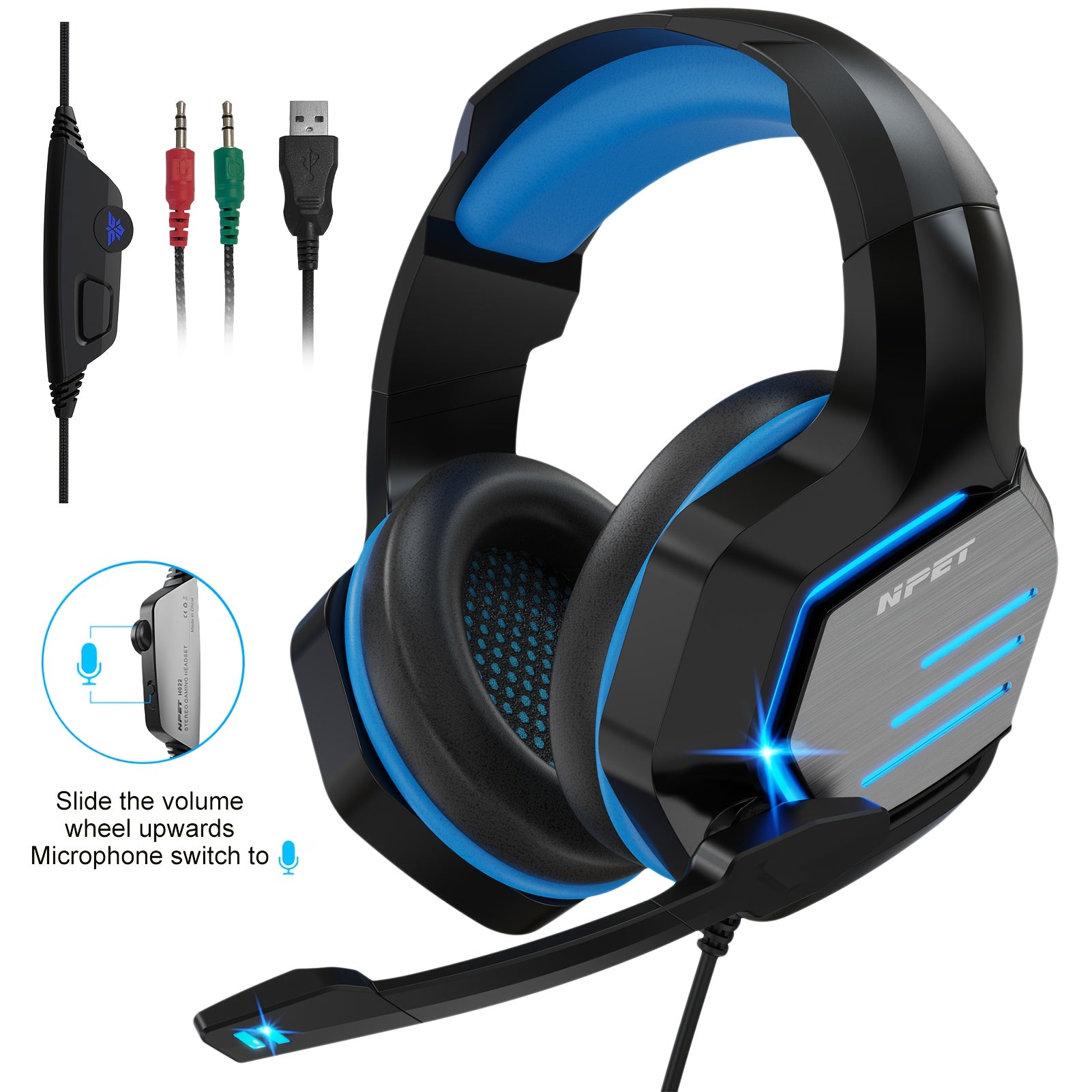 NPET 1pack/2 Packs Stereo Gaming Headset For PS4pcs Xbox One PS5 Controller, Noise Cancelling Over Ear Headphones With Mic, LED Light, Bass Surround, Soft Memory Earmuffs Blue
