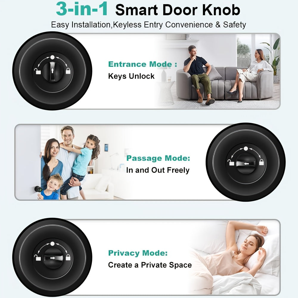 Smart Door Knob, Fingerprint/APP/Physical Key, Entrance Mode/Passage Mode/Privacy Mode, Rechargeable Lithium Battery