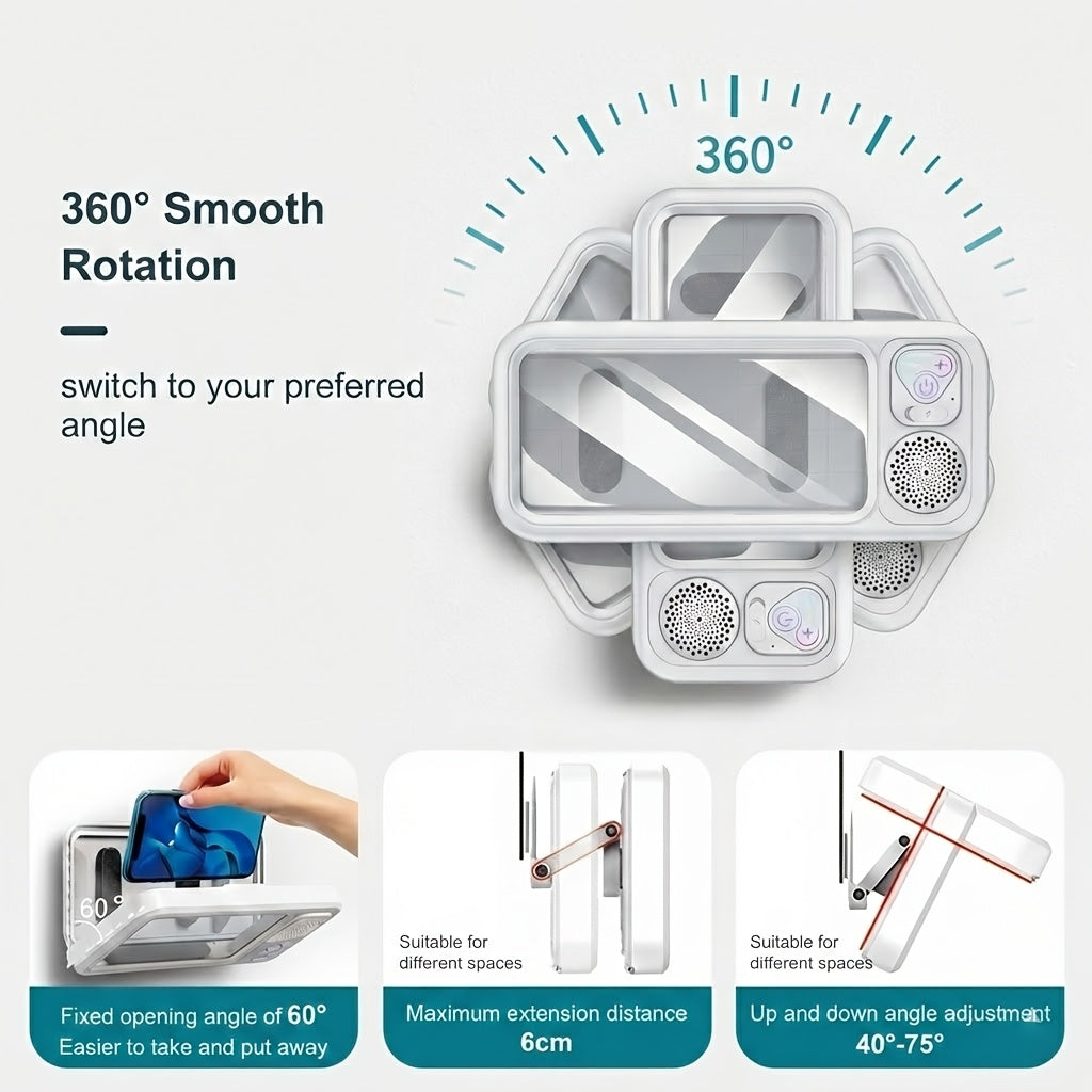 [Shower Phone Holder] Phone Holder With Speaker For Shower Use - Built-In Smart Bluetooth Speaker, 360-Degree Rotation Fits Any Phone, Shower Phone Holder Securely Adheres To Any Surface