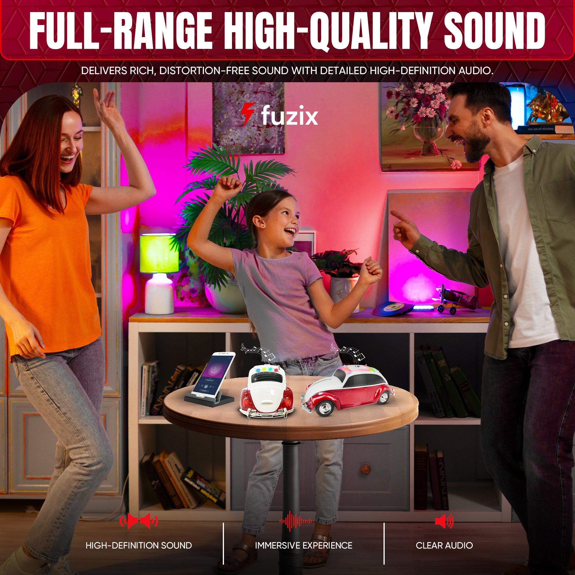 Fuzix WS-1958 Car Bluetooth Portable Speaker, Retro Car-Style Wireless Stereo Speaker with LED Headlights and Taillights, AUX/USB/TF/FM Radio Support, Rechargeable Battery, Clear and Powerful Sound Quality, Multiple Playback Modes, High-Quality Festival G