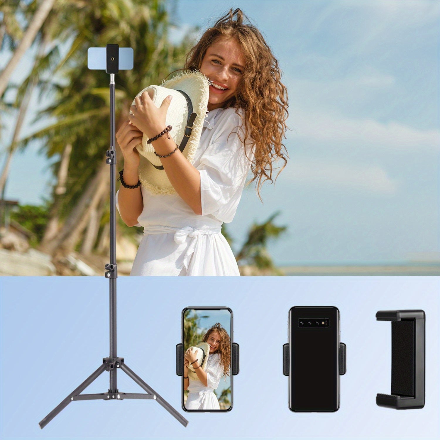 A 63-Inch Portable Mobile Tripod That Serves As a Retractable Phone Stand, Ideal for Vlogging, Live Streaming, Cooking, And Fitness. This Lightweight And Stable Tripod Features a Secure Phone Holder