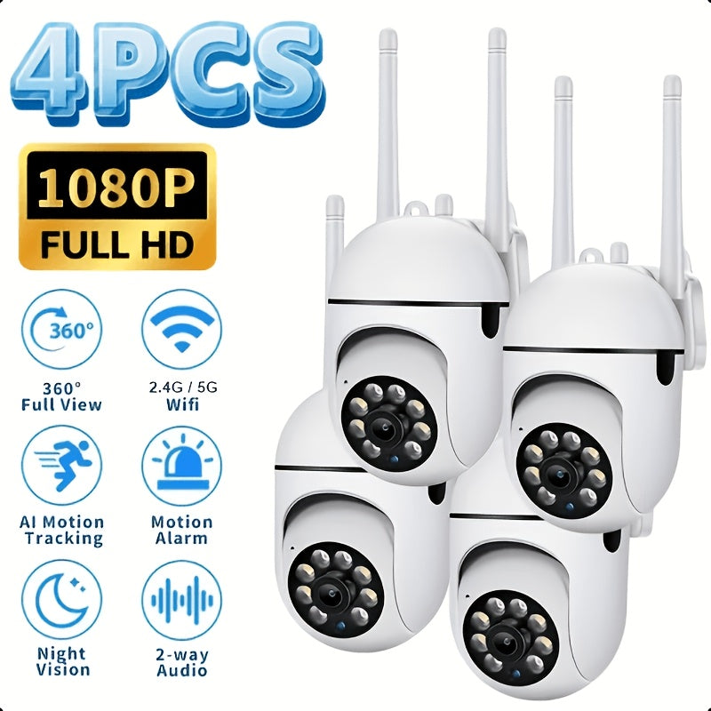 4pcs Wifi Dome Camera AI Motion Tracking, Security Camera, 1080P HD Camera Horizontal 360 Degree Vertical 100 Degree, PTZ Technology, PIR, Light-Dependent Resistor, Soft LDR, Wifi 2.4G/5G Use, Wall Hanging, App Control, with Two-Way Audio