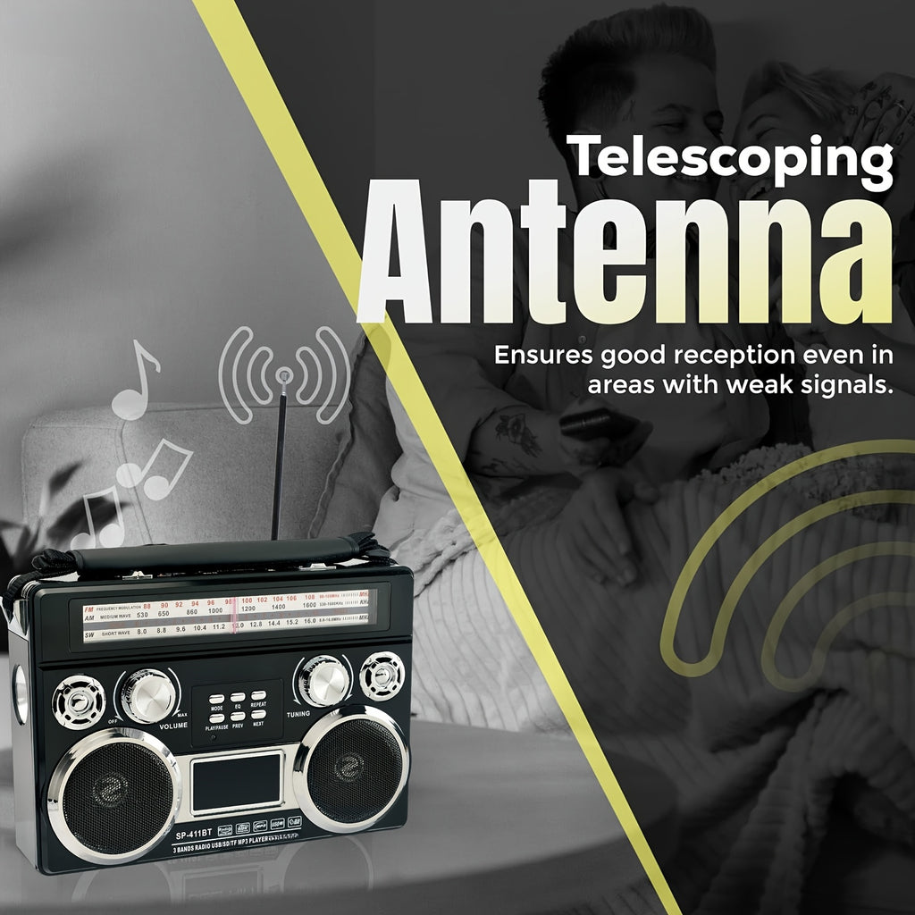 Portable 3-Band Radio with Wireless, Solar Panel, And LED Flashlight, Retro Wireless Speaker, AM/FM/SW Receiver with MP3 Playback, Telescopic Antenna, High Sensitivity, with Leather Handle, AUX/TF/SD, Ideal for Camping