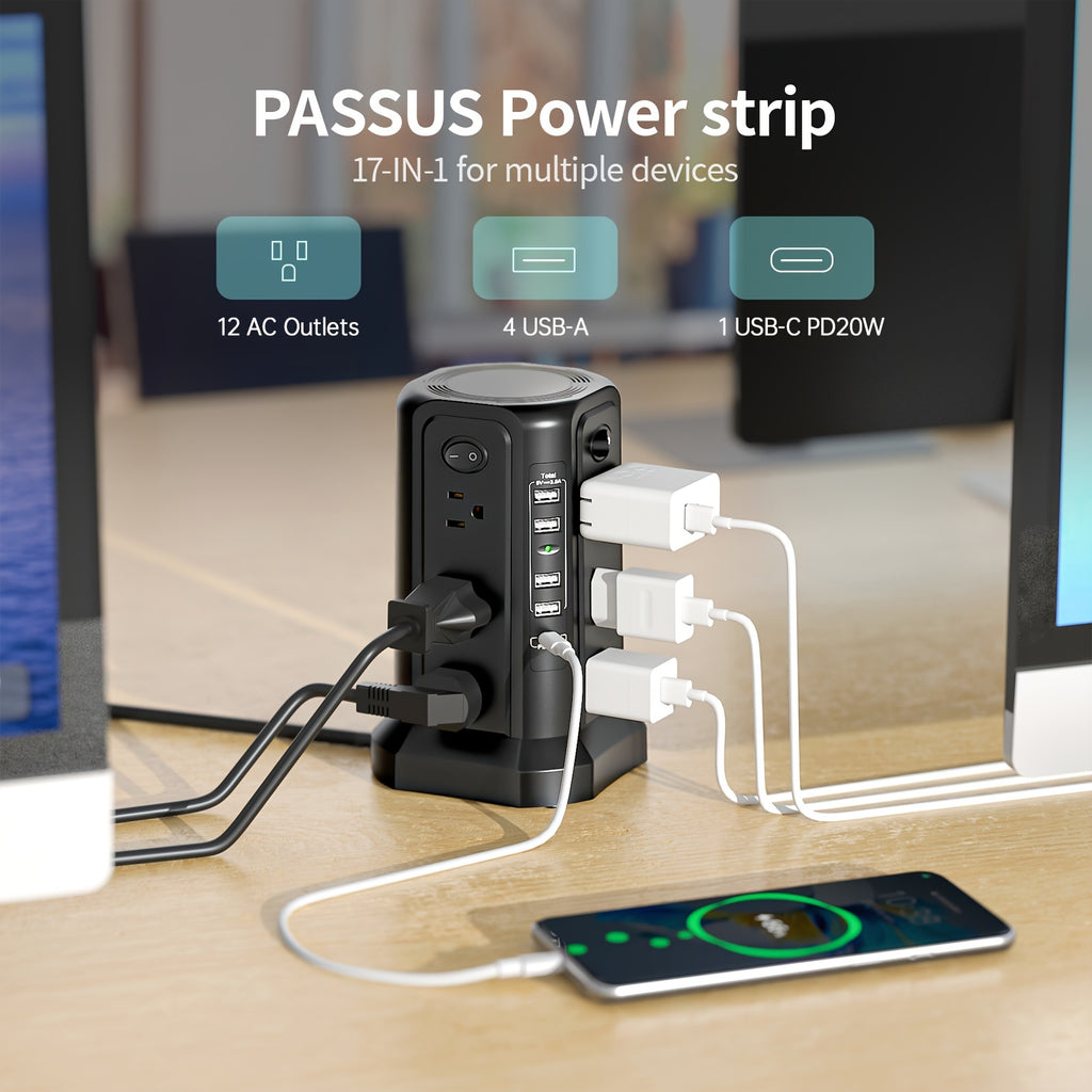 Angled Flat Plug 16 AC Outlets Power Strip Tower with USB C Port (PD18W), Surge Protector Power Tower with 5 USB Charging Ports, 6FT Extension Cord Desktop Power Strip - White