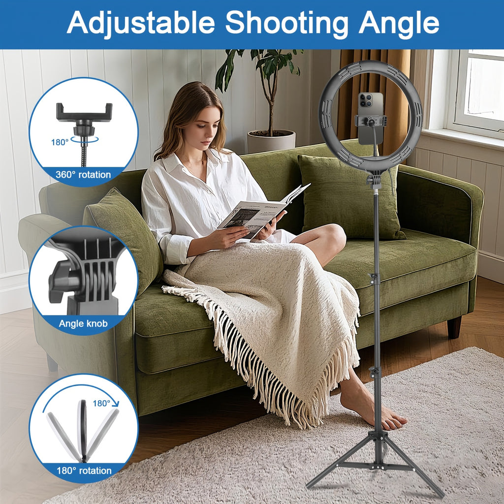[ZOMEI] 10/12-Inch LED Selfie Ring Light, Compatible with Dual Phone Clips/Adjustable Bracket - 3 Color Modes, 12 Brightness Levels, USB Powered, Phone Stand/Ring-shaped Fill Light- Ideal for Makeup, Photography & Video, Selfie Stick for Phone