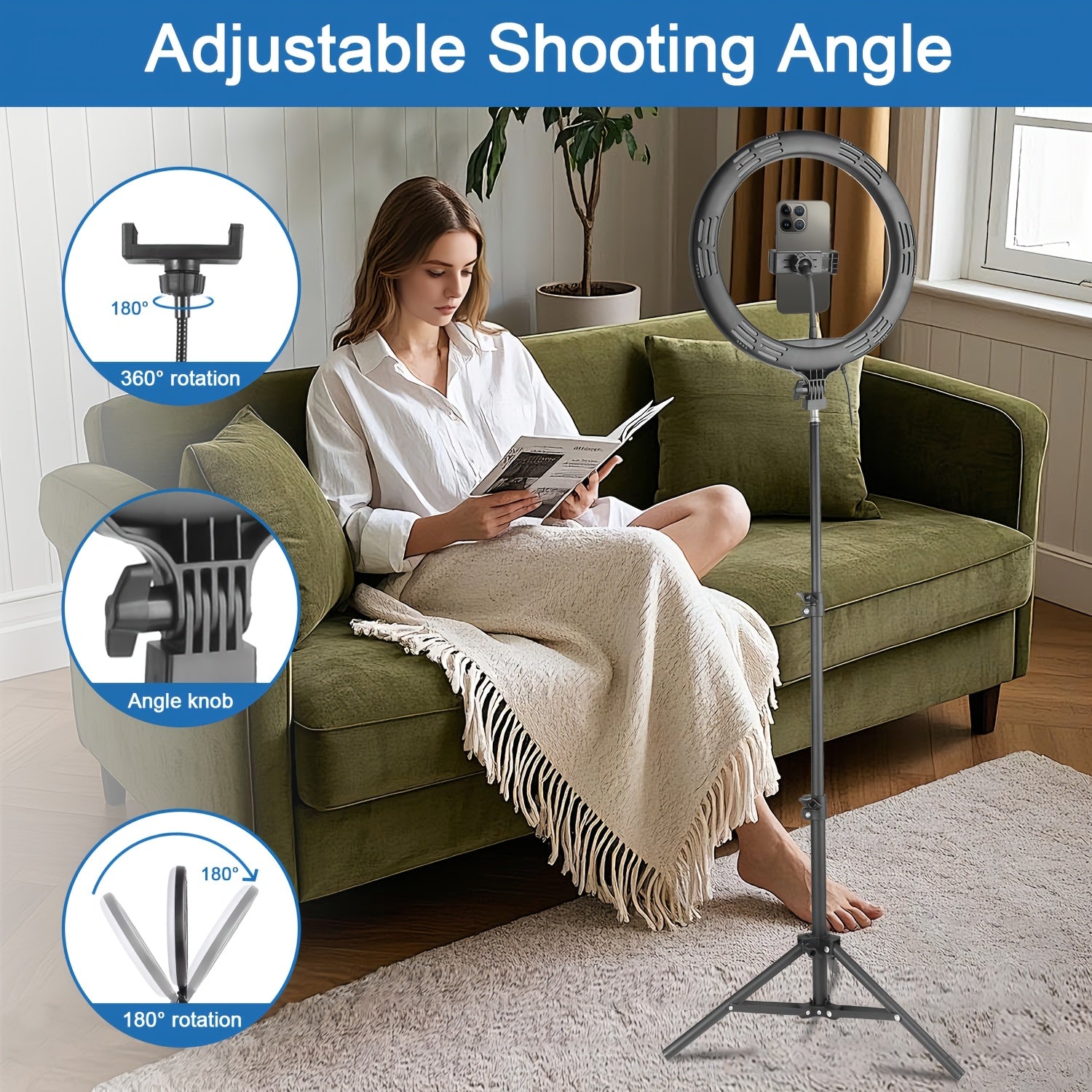 [ZOMEI] 10/12-Inch LED Selfie Ring Light, Compatible with Dual Phone Clips/Adjustable Bracket - 3 Color Modes, 12 Brightness Levels, USB Powered, Phone Stand/Ring-shaped Fill Light- Ideal for Makeup, Photography & Video, Selfie Stick for Phone