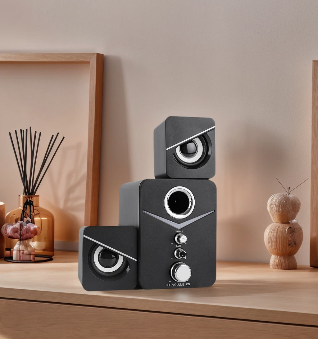 3-Piece Computer Speakers with Subwoofer – USB Desktop Speaker System with 3.5mm Audio Jack, Bass & Treble Control, Blue LED Light for PC/Laptop