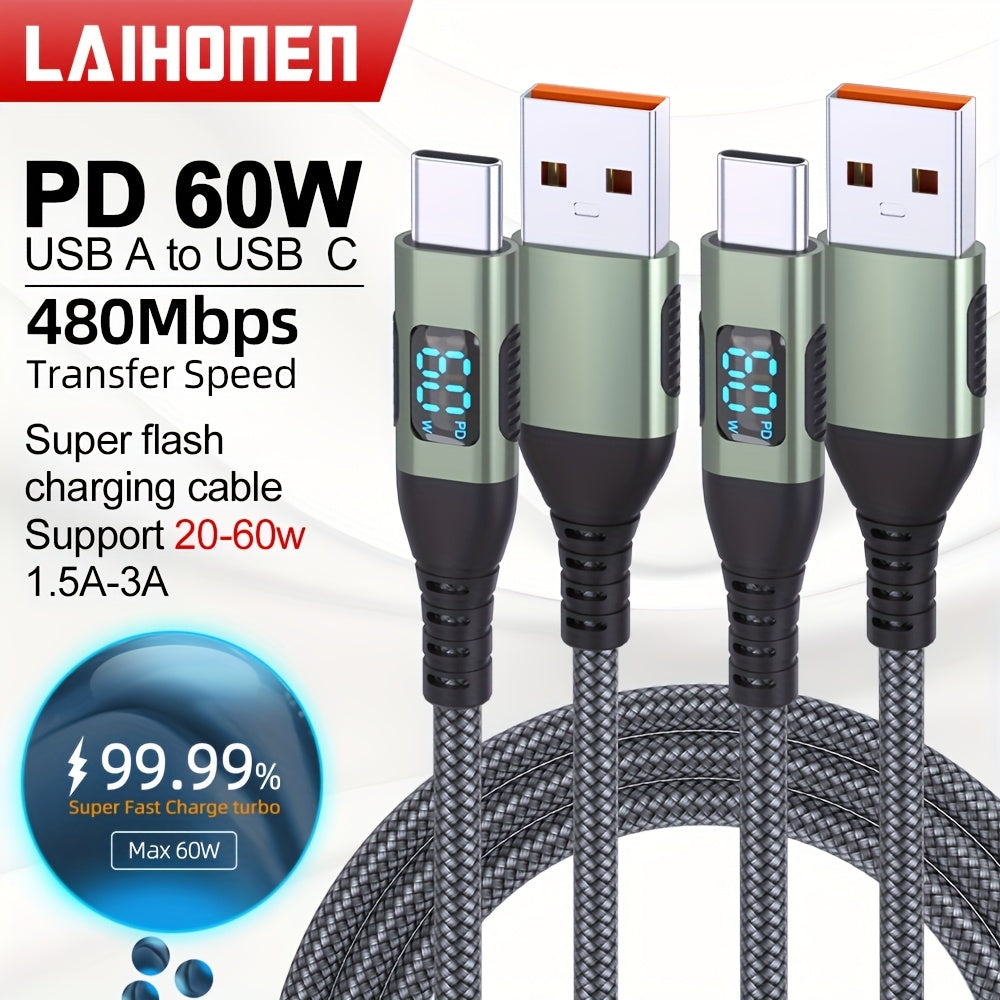 USB A to USB C Cable with Digital Display for Charging, Prevents Phone Overheating, Features LED Display for 3A Fast Charging, Nylon Braided Suitable for iPhone 15, for Samsung Galaxy, for LG, Fast Charging 1pc/2pcs) (green)