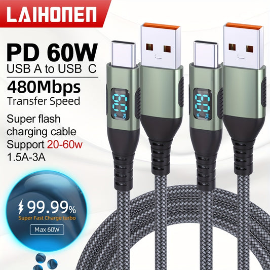 USB A to USB C Cable with Digital Display for Charging, Prevents Phone Overheating, Features LED Display for 3A Fast Charging, Nylon Braided Suitable for iPhone 15, for Samsung Galaxy, for LG, Fast Charging 1pc/2pcs) (green)