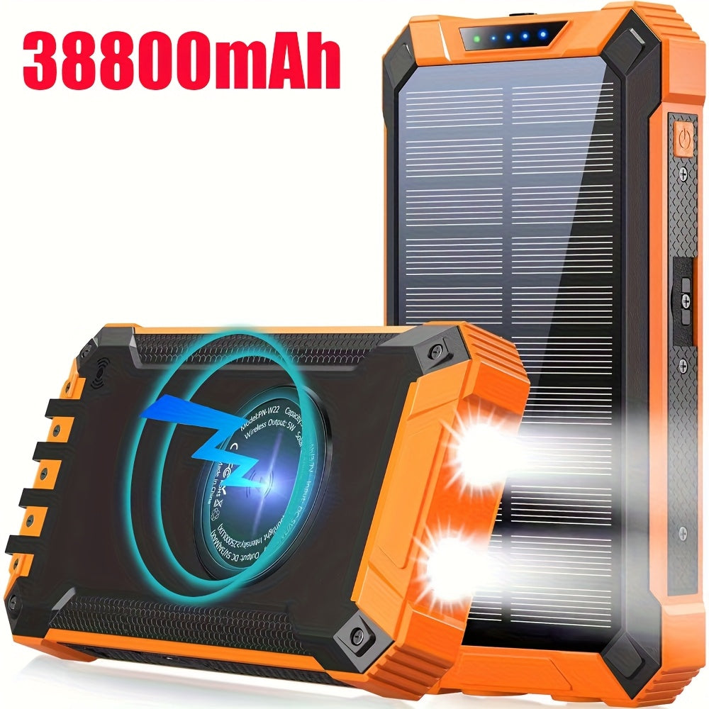 [Solar Power Bank] 32800/38800mAh Solar Power Bank Wireless Charger Built In 4 Cables 6 Outputs 15W Fast Charging Power Bank With Dual Flashlights -for Travel, And Camping External Backup Battery Pack, Emergency Backup For GPS, Flashlights, For IPhone 17/