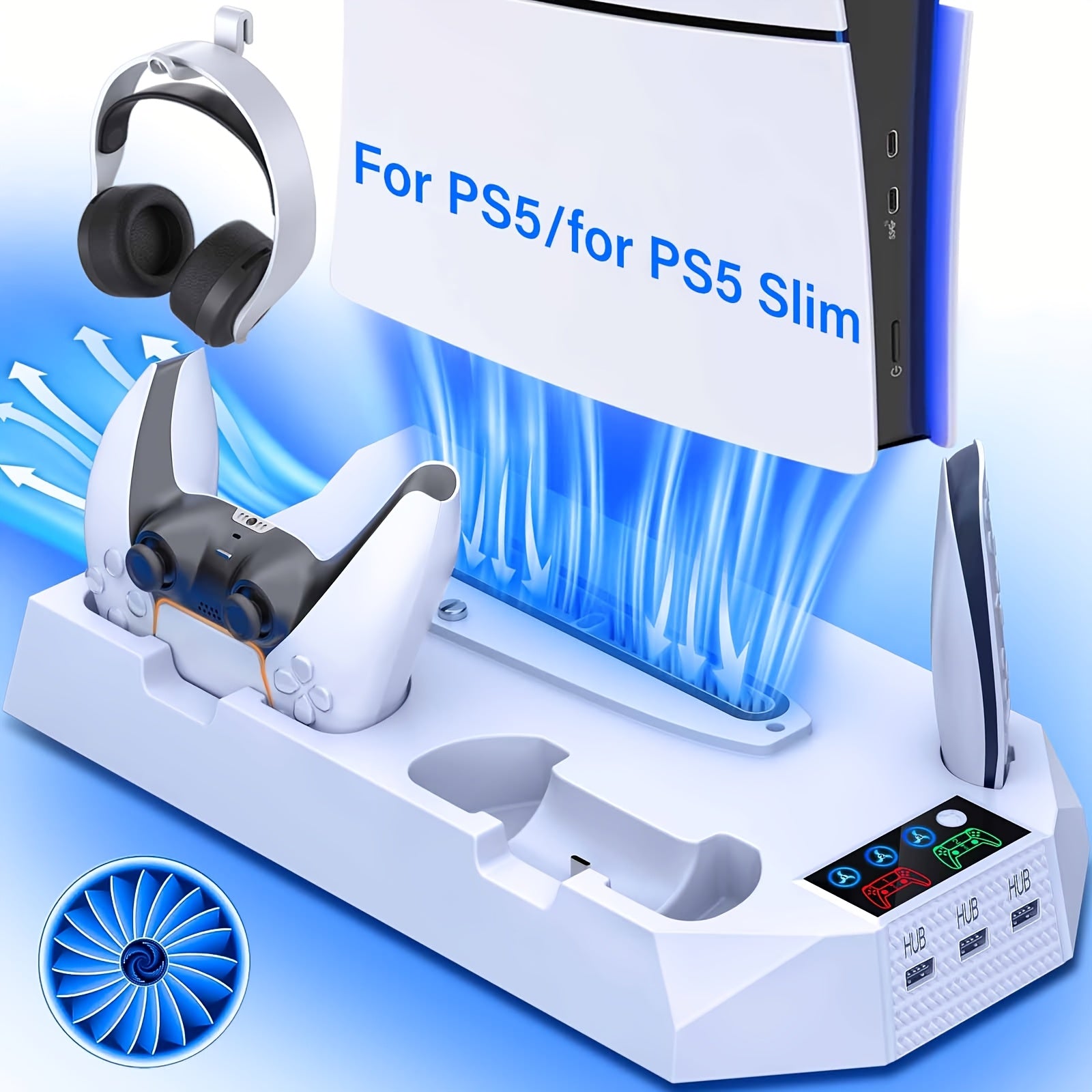 Cooling Station for PS5, Controller Charging Station for Playstation 5 Additions, for Playstation 5 Slim/ for ps5 Pro & Standard Disc/Digital Console, for PS5 Accessory Incl, Controller Charger/Turbo Fan/3 USB Hub/Headset Holder