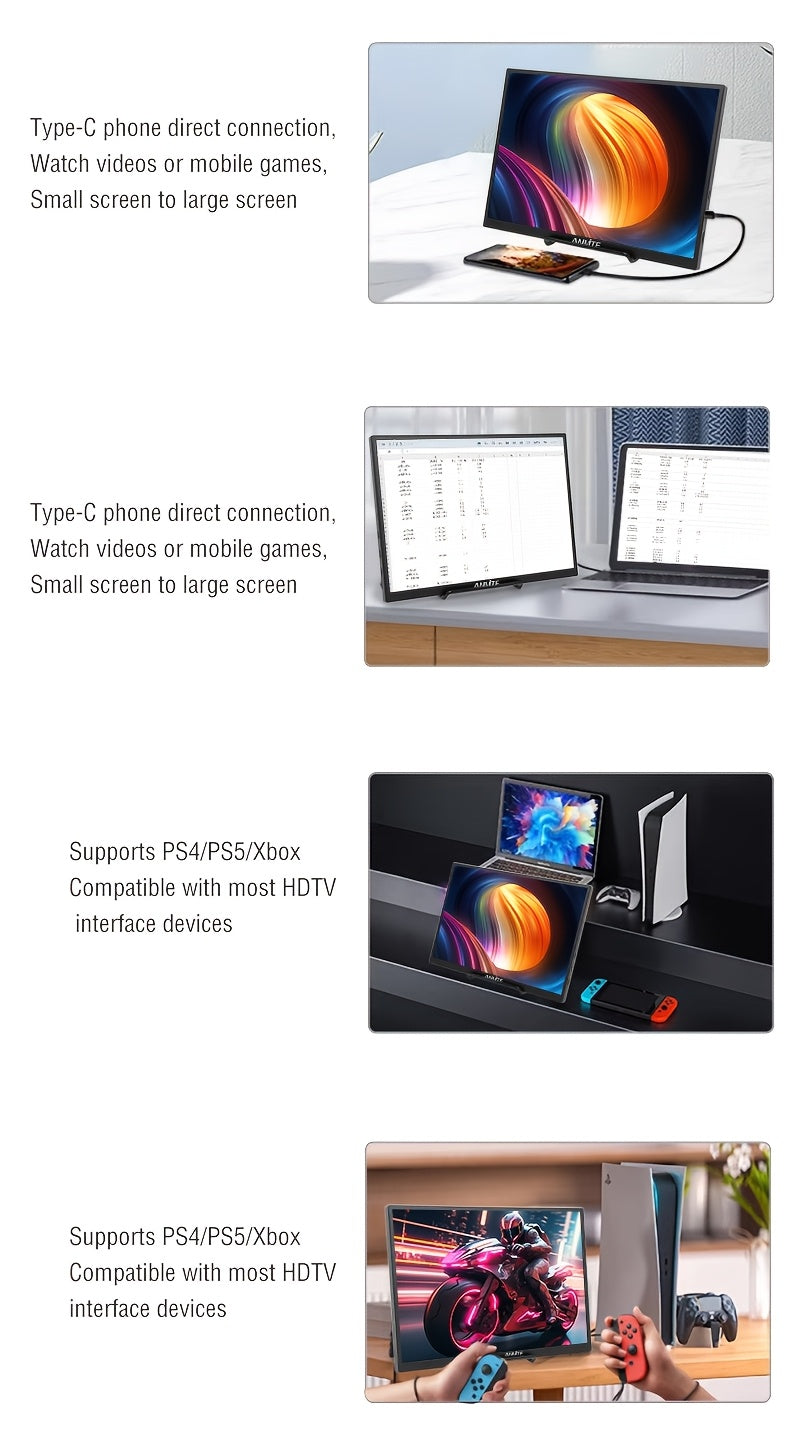 Anmite 10. 5 Inch IPS Portable Screen Monitor SRGB 100% 1280P USB TPYE-C Compatible Laptop Second Screen Gaming Extension Monitor for Mac PS4 PS5pcs Raspberry Pi