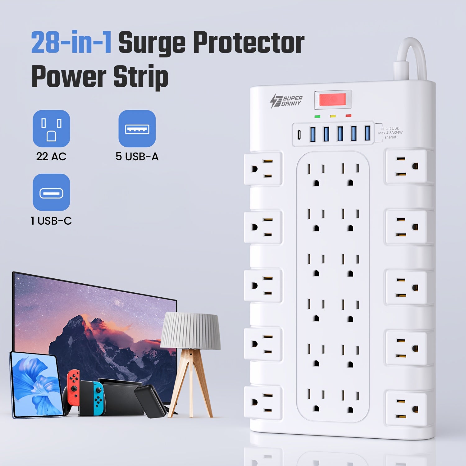 22/4-Outlet Flat Plug Power Strip with 6/4 USB Ports, 28/8-in-1 Power Strip with Surge Protection, Control Switch, Spacious AC Outlets, Flat Plug, 2100 Joules, Wall-Mountable Extension Cord - 4.8/5/7/9/13 Ft Length Options