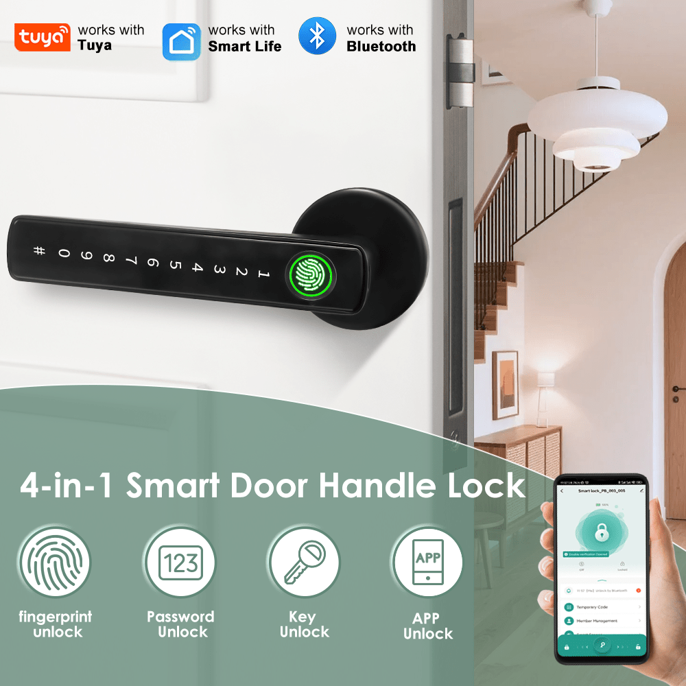 Graffiti Smart 4-in-1 Door Lock with Fingerprint/Password/Key/APP Unlock, Heavy-Duty Aluminum Alloy, Compatible for Left/Right Hand Doors, Compatible for Apartment & Hotel Doors, Door Handle Lock,
