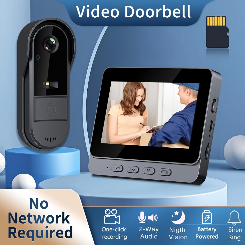 Smart Video Doorbell with Camera, Visual Doorbell Camera with 4.3-inch Display, Wide Angle, 2-Way Audio, Image & Video Recording, SD Card Local Storage, Night Vision, Battery/USB Dual Power, Rechargeable Lithium Battery, No Application, No Network