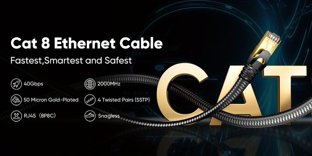 Cat 8 Ethernet Cable 100ft Flat Braided, High Speed 40Gbps 2000Mhz Internet Cable with Gold Plated RJ45 Network LAN Cable SSTP, Heavy Duty Ethernet Cord Compatible for PS4/ 5, for Modems, PC/ Laptop