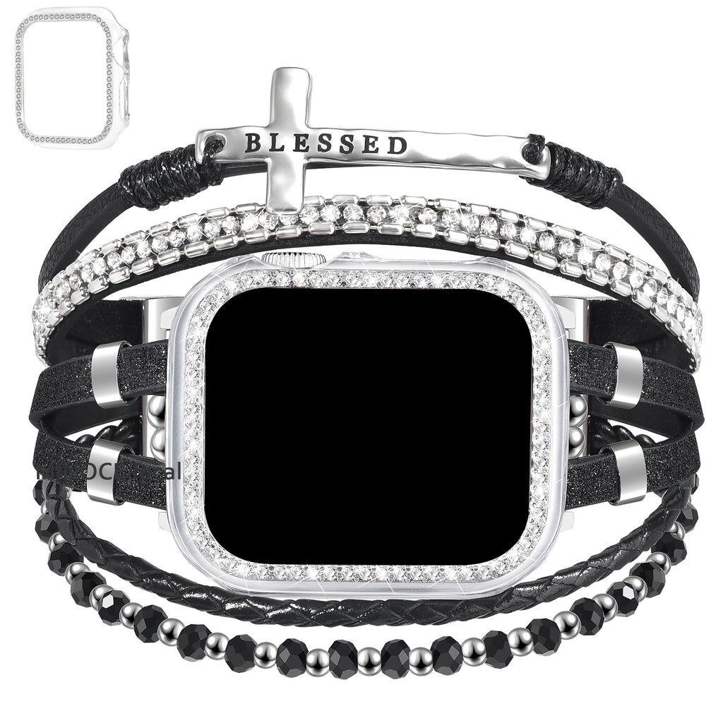 2-in-1 Boho Bracelet & Case Compatible with Apple Watch Band 40mm 44mm 45mm 41mm 38mm 42mm Women, Handmade Multilayer Wrap Strap with Glitter Bumper & Link Adjustment Manual for iWatch Series 9 8 7 6 5 4 3 2 1 SE