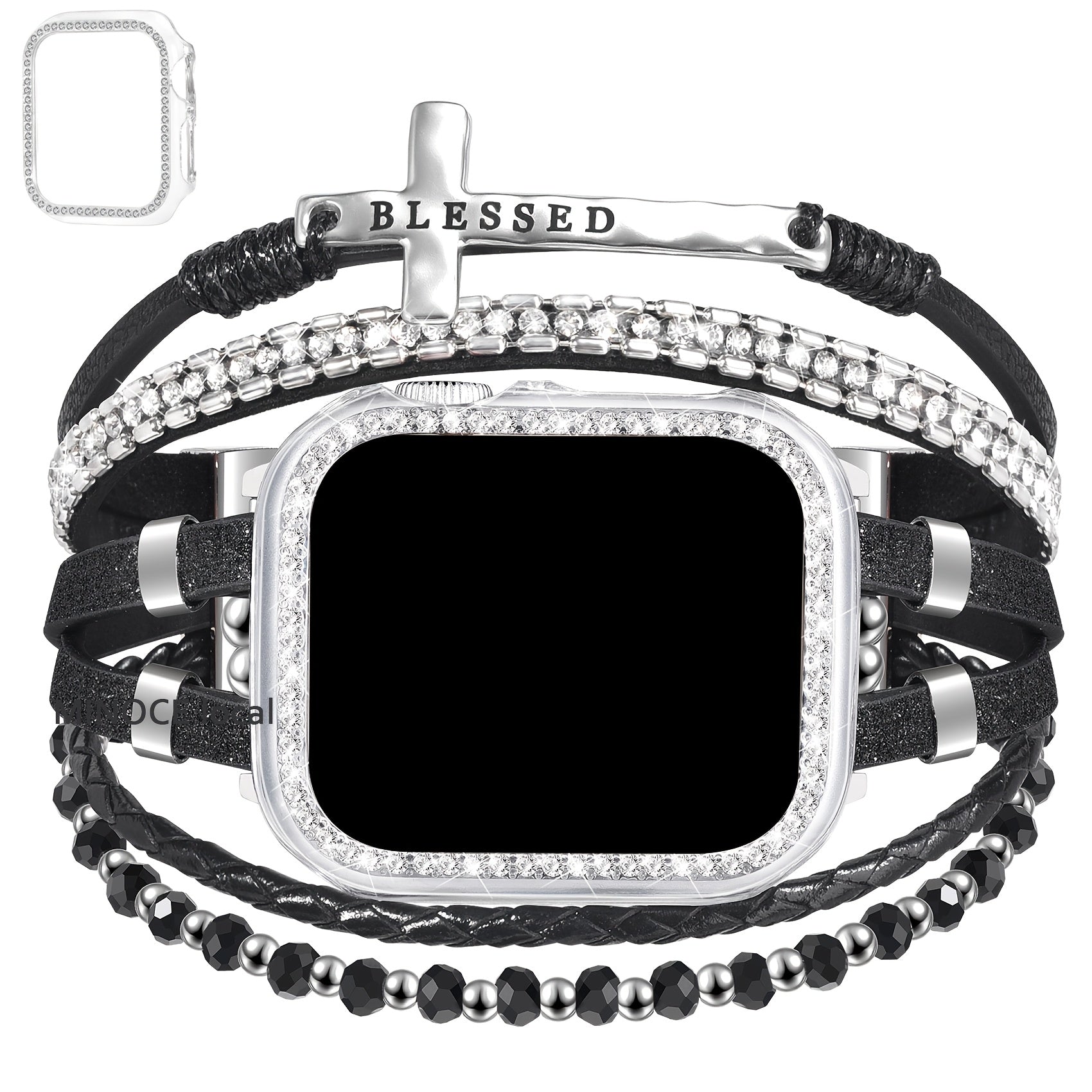 2-in-1 Boho Bracelet & Case Compatible with Apple Watch Band 40mm 44mm 45mm 41mm 38mm 42mm Women, Handmade Multilayer Wrap Strap with Glitter Bumper & Link Adjustment Manual for iWatch Series 9 8 7 6 5 4 3 2 1 SE