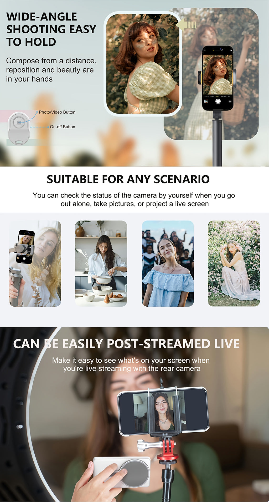Wireless Selfie Monitor Screen for Iphone And Android, 2000/2500Mah with Wireless Remote, 3-Level Brightness And Wide Screen Mode, Using Phone Rear Camera for Selfie Vlog No Delay Live Stream for Tiktok White