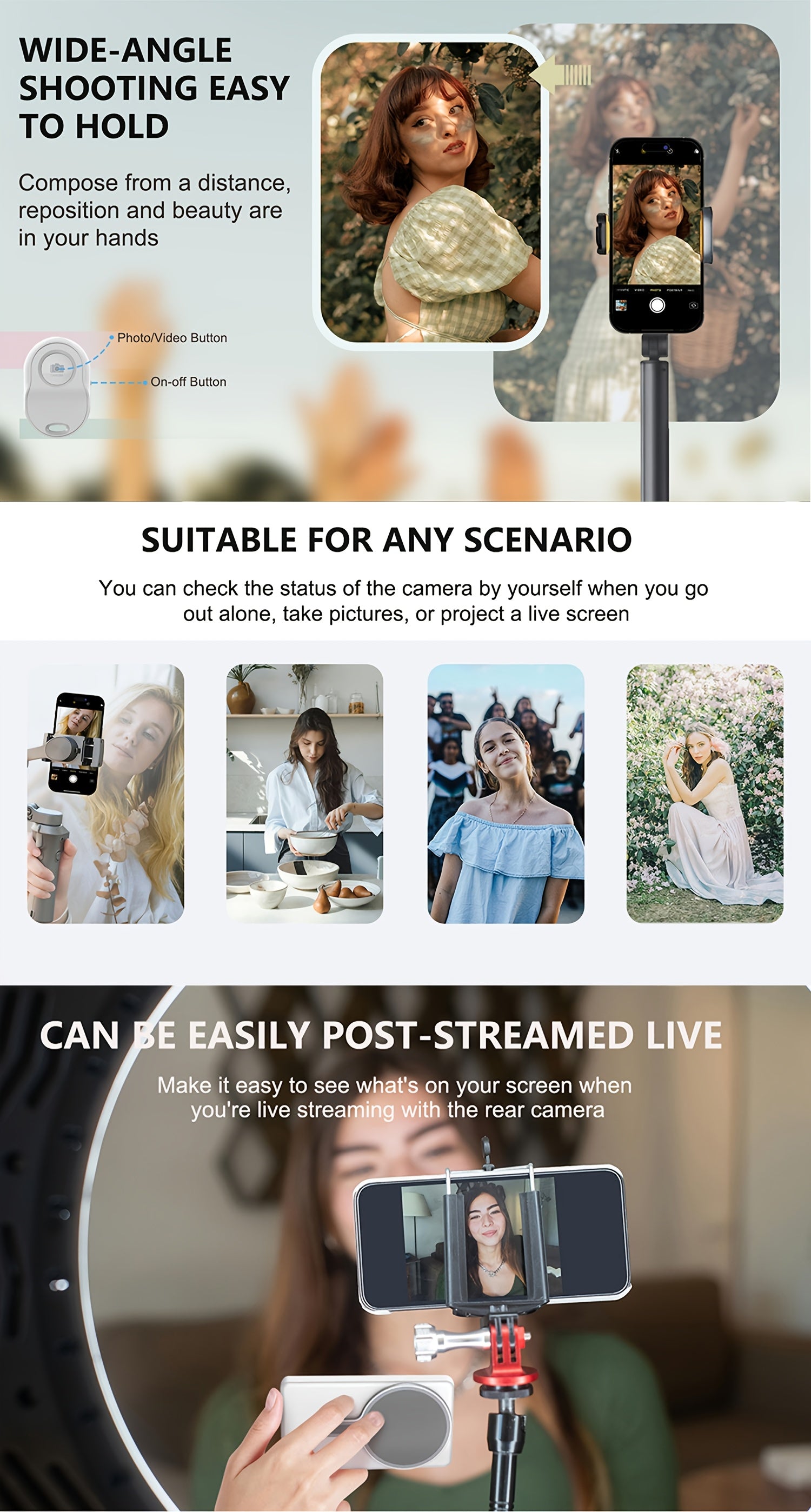 Wireless Selfie Monitor Screen for Iphone And Android, 2000/2500Mah with Wireless Remote, 3-Level Brightness And Wide Screen Mode, Using Phone Rear Camera for Selfie Vlog No Delay Live Stream for Tiktok White
