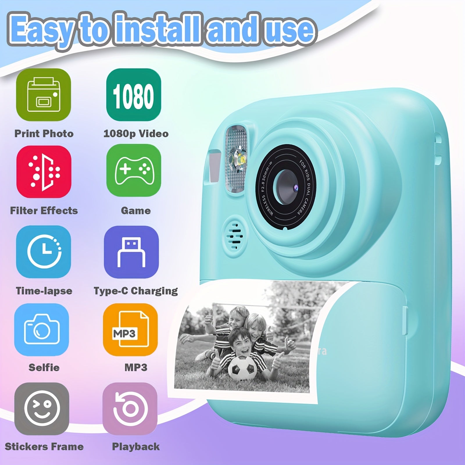 Camera Paper/New Instant Print Digital Camera, 1080P 2.4 Inch Screen Super Cute Instant Camera with 3 Rolls Print Paper And 32GB Card, Digital Camera Kids Gift for Kids 3-12 Years, Perfect Holiday Gift for Girls/Boys, Birthday Gift