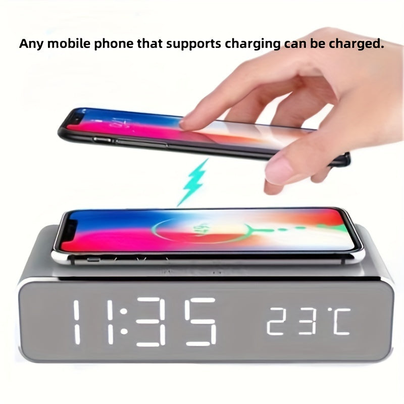 Wireless Charger with LED Alarm Clock and Thermometer Three-in-One Stylish Control Design Suitable for Home or Office Use