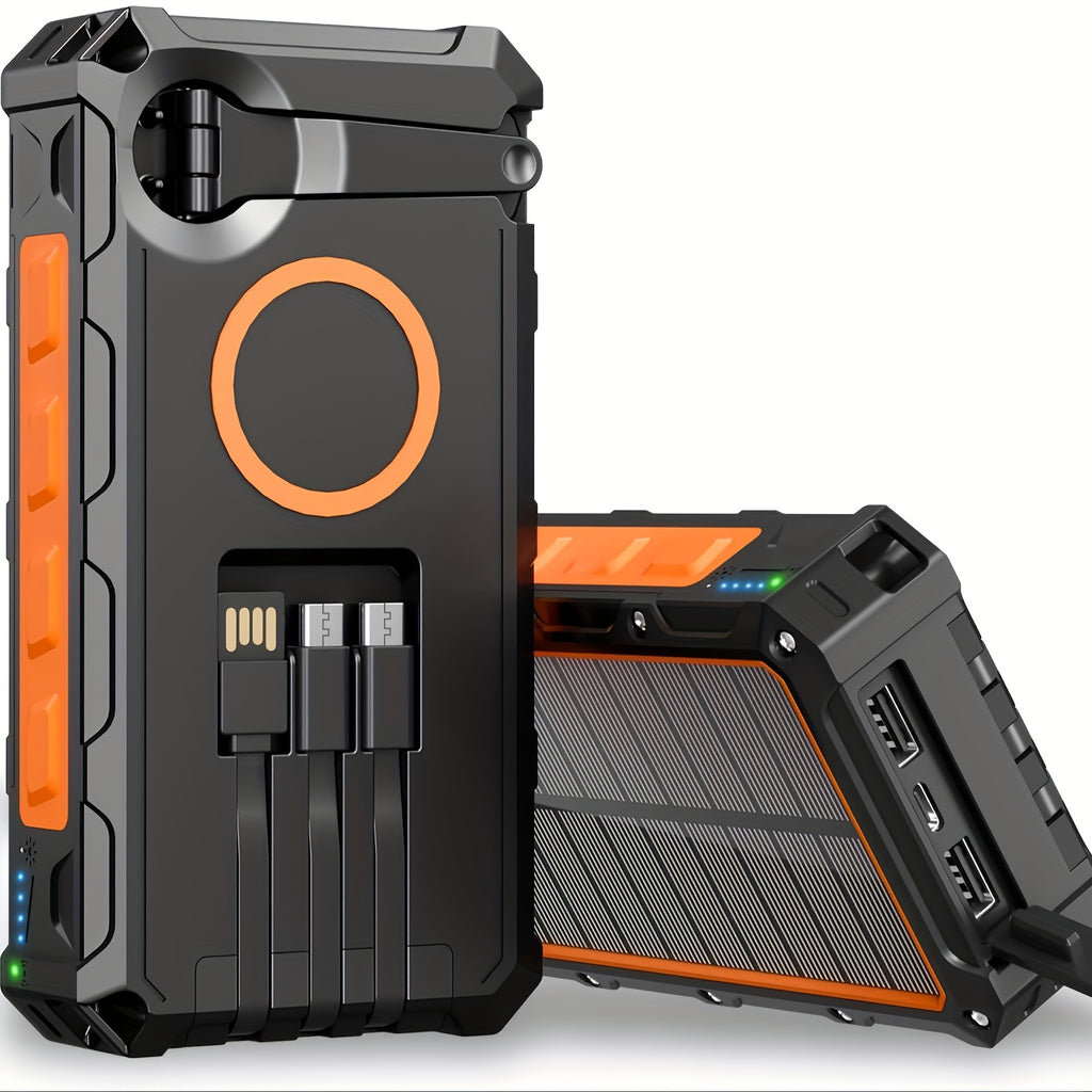 This 30000Mah Power Bank Features a Wireless Charger, a Hand Crank with a Wire, And Includes Three Cables. It Supports 15W Fast Charging with Seven Output Ports And Four Input Options, And It Is a Solar-Powered Portable Charger Equipped with SOS
