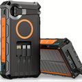 This 30000Mah Power Bank Features a Wireless Charger, a Hand Crank with a Wire, And Includes Three Cables. It Supports 15W Fast Charging with Seven Output Ports And Four Input Options, And It Is a Solar-Powered Portable Charger Equipped with SOS
