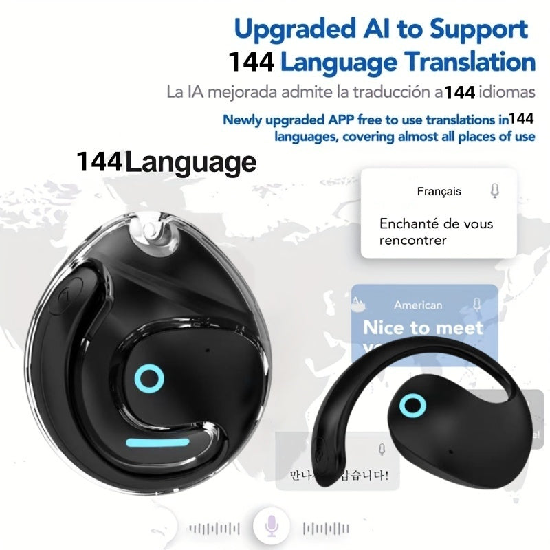 Ai-Powered Real-Time Translation Earbuds, Two-Way Interpreter for 144 Languages, Rechargeable Via USB Or Battery, Ideal for Travel, Business, Shopping, Learning, Carrying Pouch Included