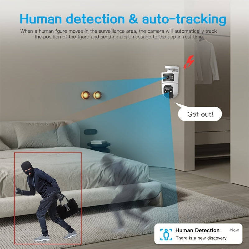 IP66 Dual Lens Wireless IP Camera, PTZ Outdoor Security Cam with 2.4G WiFi, Dual Screen, Auto Tracking, Night Vision, Two-way Audio, Motion Detection for Home Street Safety And Monitor
