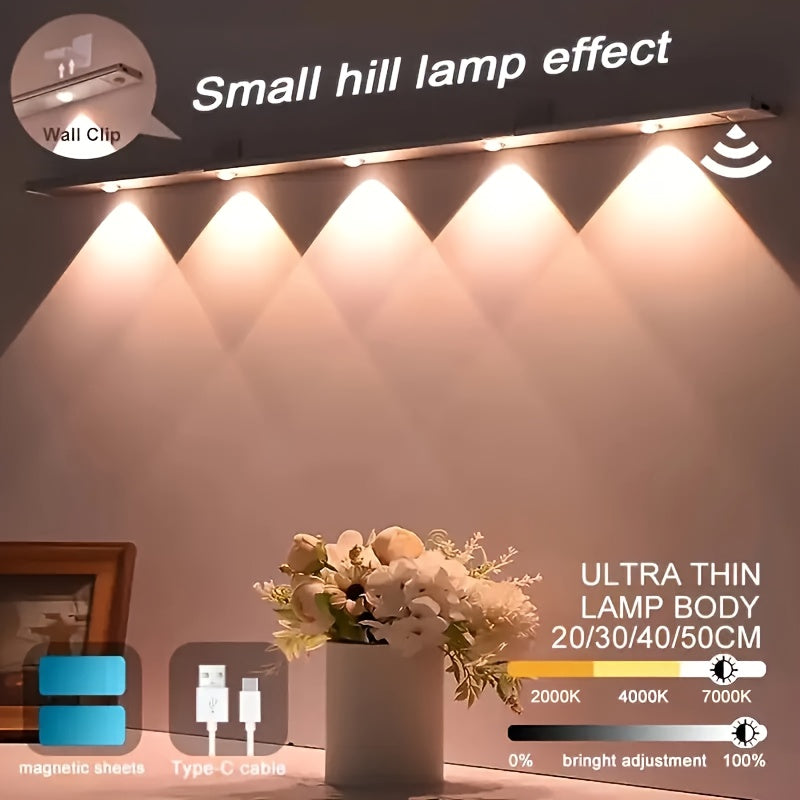 1pc Intelligent Human Body Sensing Light, Sports Sensing Light, USB Rechargeable And Dimmable Three Color LED Light, 1400mAh, Strip Light with Small Night Light, Wireless Kitchen Wardrobe, Cabinet, Wine Cabinet, Shoe Cabinet, Bedroom, Small Hill