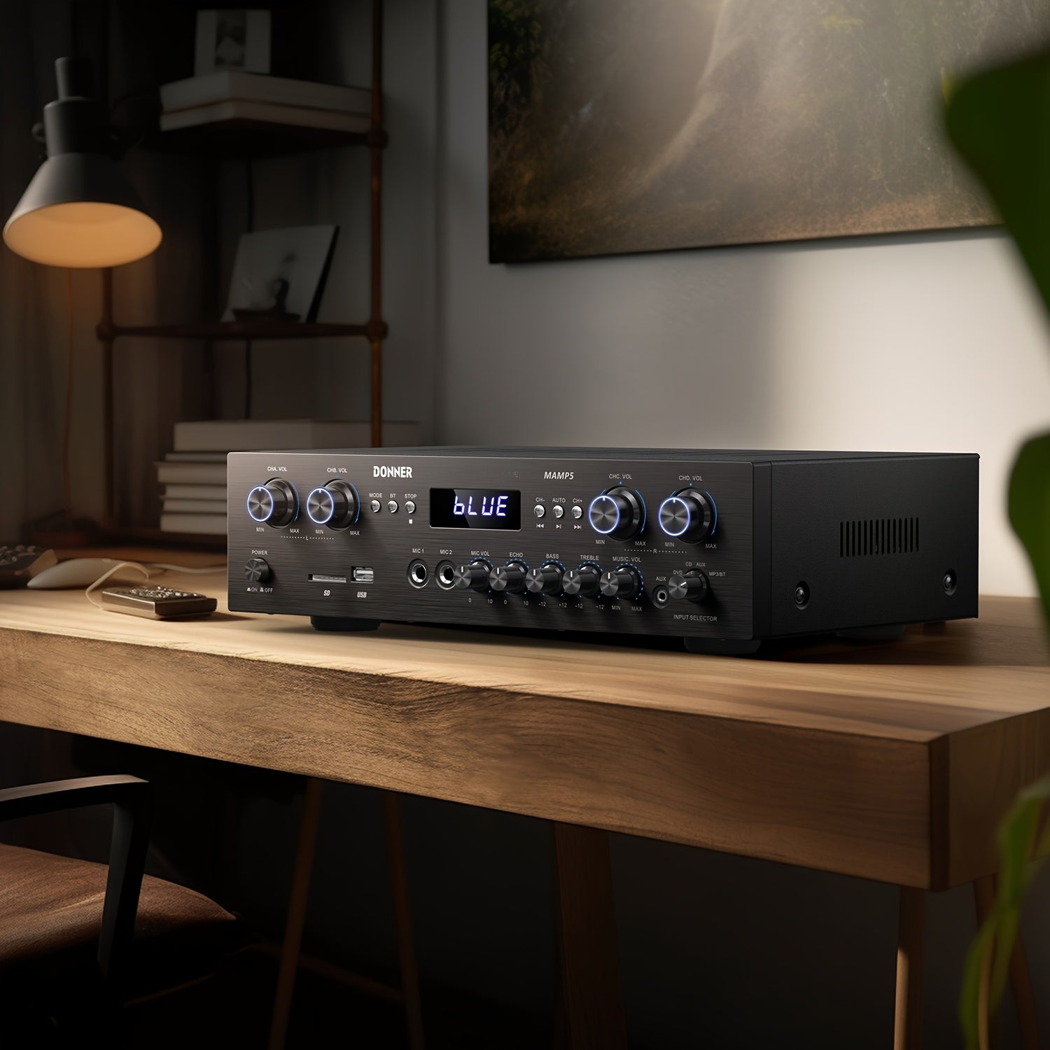 [Home Stereo Receiver] Donner 5.0 Stereo Audio Amplifier Receiver, 4 Channel Home Stereo Receiver Speaker With Accessories USB, SD, FM, 2 Mic In Echo, RCA, LED, Speaker For Home Sound System