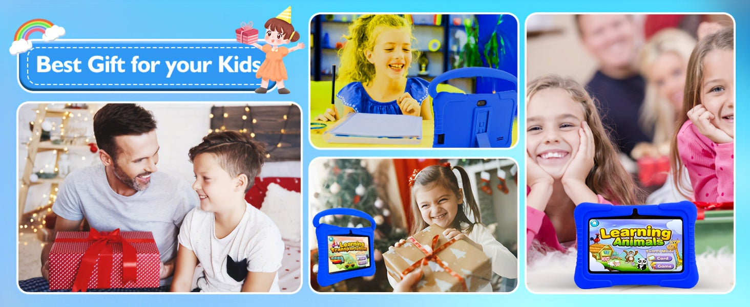 Veidoo, 7 Inch Kids Tablet, 2GB RAM 16GB ROM/2GB RAM+32GB ROM, Support 1TB ROM EXPAND, Security Eye Screen, Wifi, Dual Camera, Educational Games, Parental Control APP, Android Tablet, Tablet with Drop Proof Silicone Cover (Dark Blue), Tablet, Pad