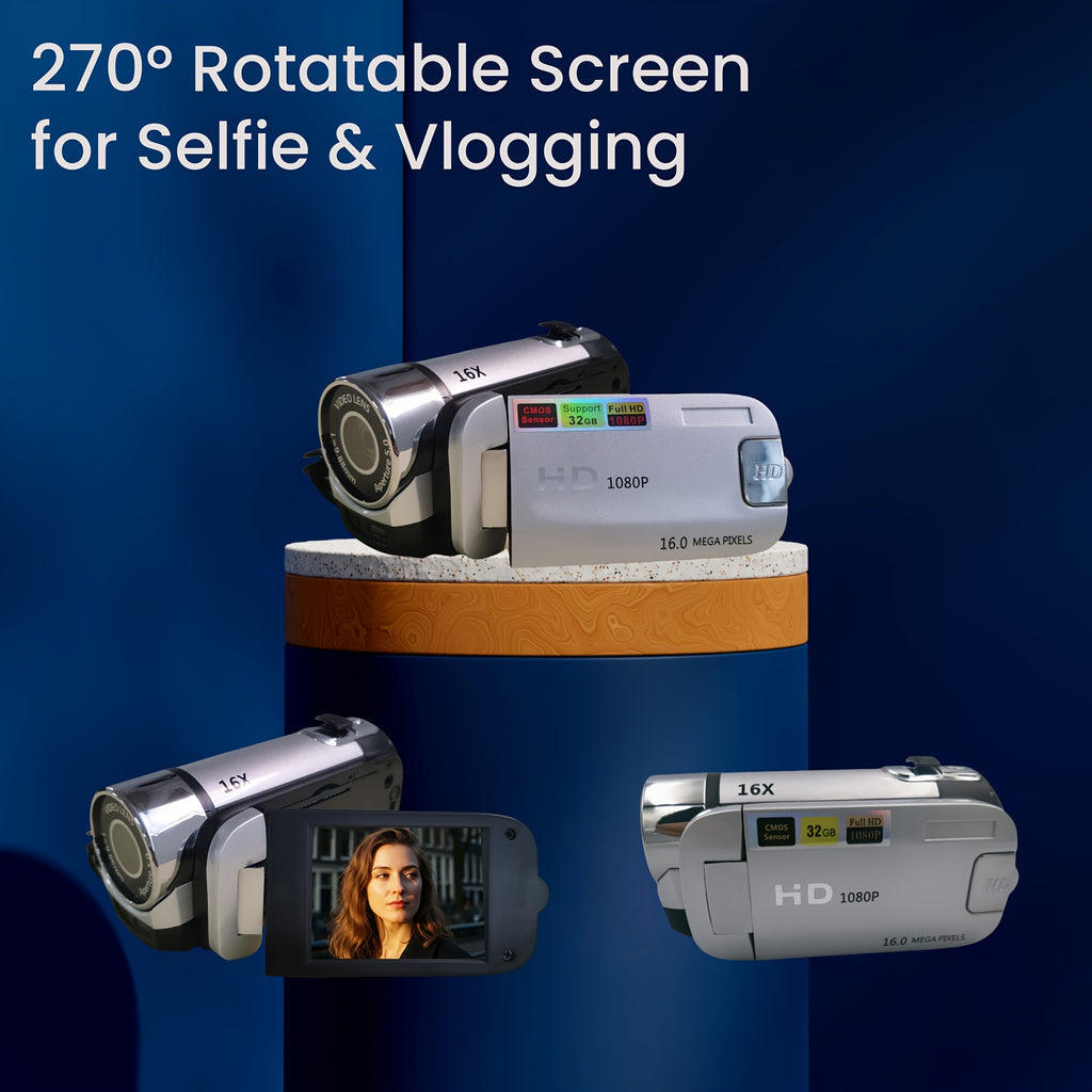 1080P Portable Digital Camcorder, Rotate Screen Digital Camera with Rechargeable Battery And 32G Memory Card Support Selfie, Suitable for Travel Photograph And Friend Gathering And Growth Recording