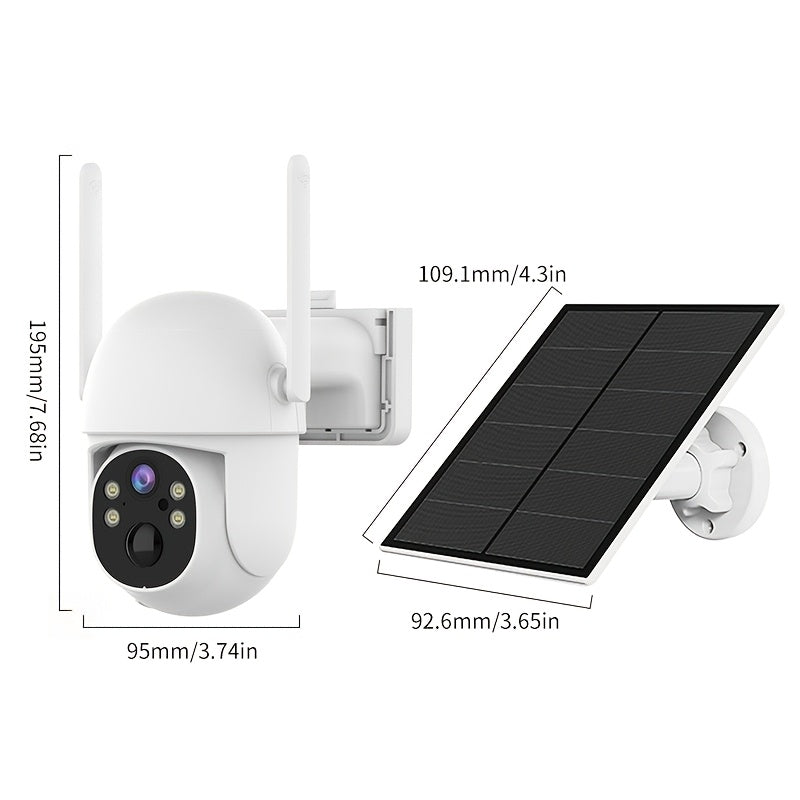 A Solar-Powered Security Camera Featuring AI Detection, Sound And Light Alerts, App-Controlled Pan/Tilt Functionality, Color Night Vision, Wi-Fi Connectivity, 3MP HD Resolution, Two-Way Audio, Encrypted Cloud Storage, Water Resistance