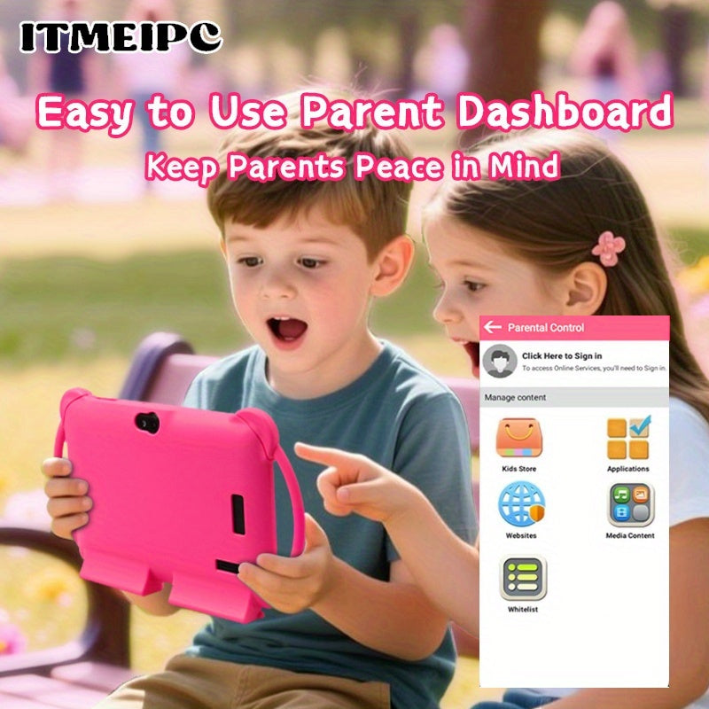 ITMEIPC, 2025 New Models, 7 Inch Android Kids Tablet, Android14, 4GB(2GB+2GB) RAM 32GB ROM Dual Camera, Wi-Fi, Large Screen Learning Entertainment Tablet Parental Control Pre-installed Apps, HD Screen Protective Case High-Performance Student Tablet