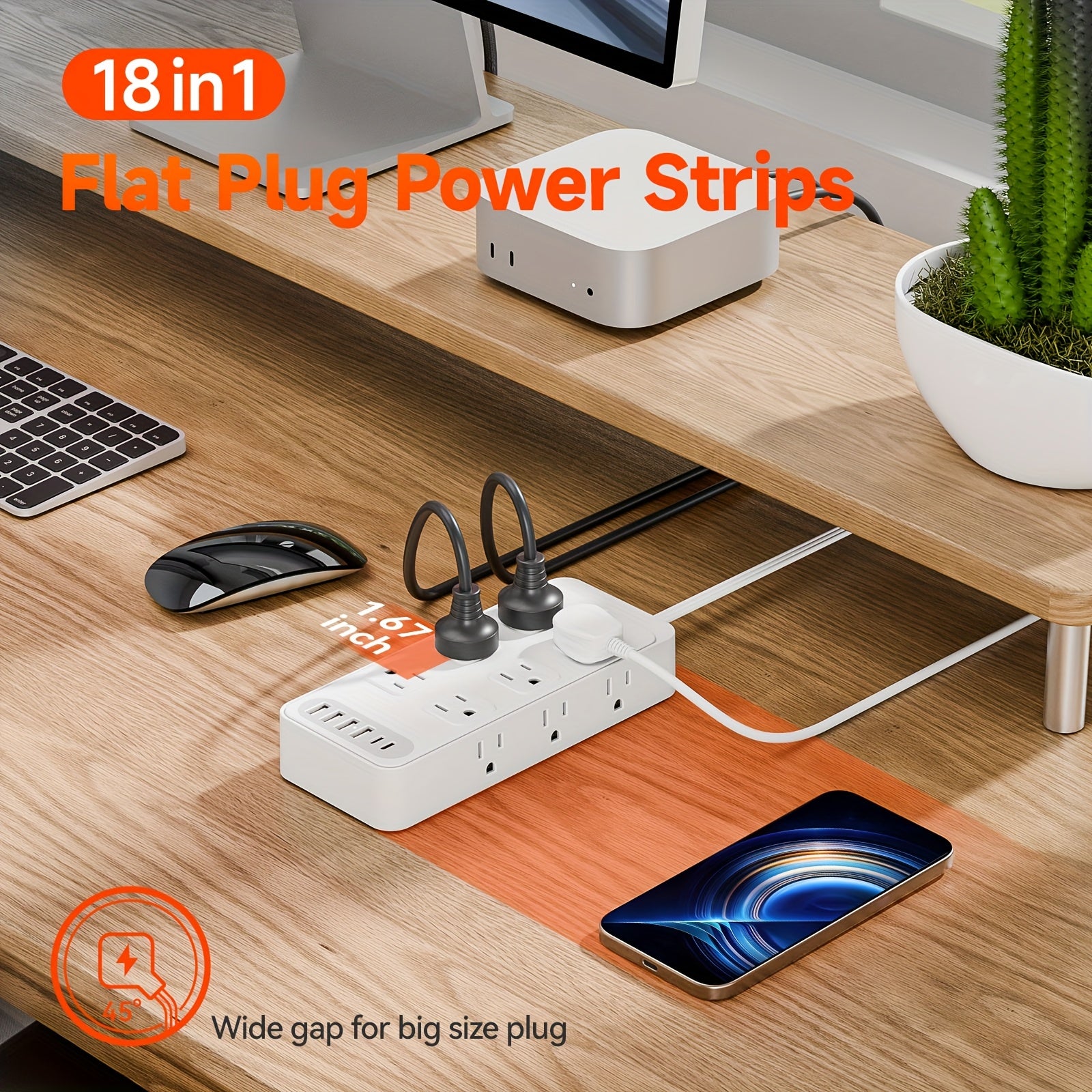 Compact Power Strip Surge Protector, 18in 1 Charging Station, with 12 AC Outlets and 6 USB Charging Ports (4 USB A & 2 USB C), Flat Plug, 5ft PVC Extension Cord, Fire-Resistant Suitable for Home, Office And Travel