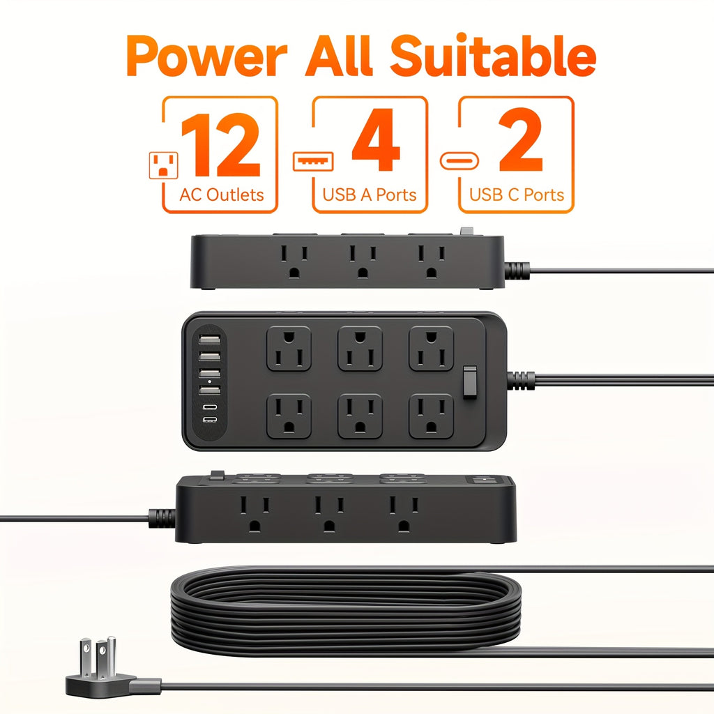 Compact Power Strip Surge Protector, 18in 1 Charging Station, with 12 AC Outlets and 6 USB Charging Ports (4 USB A & 2 USB C), Flat Plug, 5ft PVC Extension Cord, Fire-Resistant Suitable for Home, Office And Travel