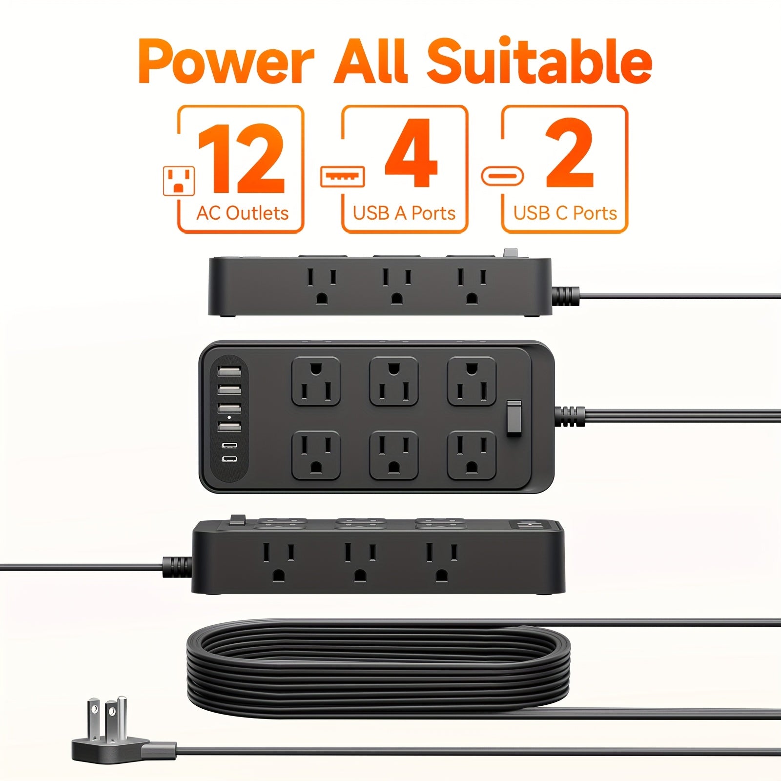 Compact Power Strip Surge Protector, 18in 1 Charging Station, with 12 AC Outlets and 6 USB Charging Ports (4 USB A & 2 USB C), Flat Plug, 5ft PVC Extension Cord, Fire-Resistant Suitable for Home, Office And Travel