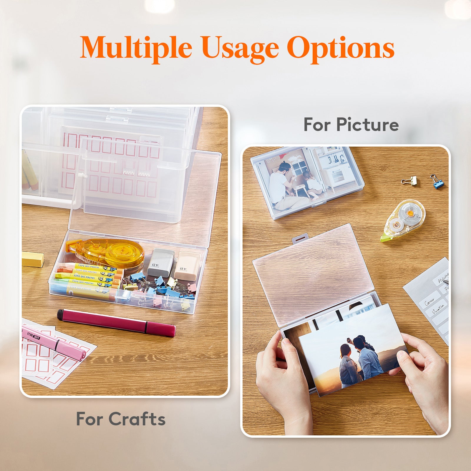 Photo Storage Box 4x6 Photo Case, 14 Inner Photo Keeper, Clear Photo Boxes Storage with 1 Sheet Label Sticker, Plastic Craft Storage Box with lids for Cards Pictures Stamps Office Supplies