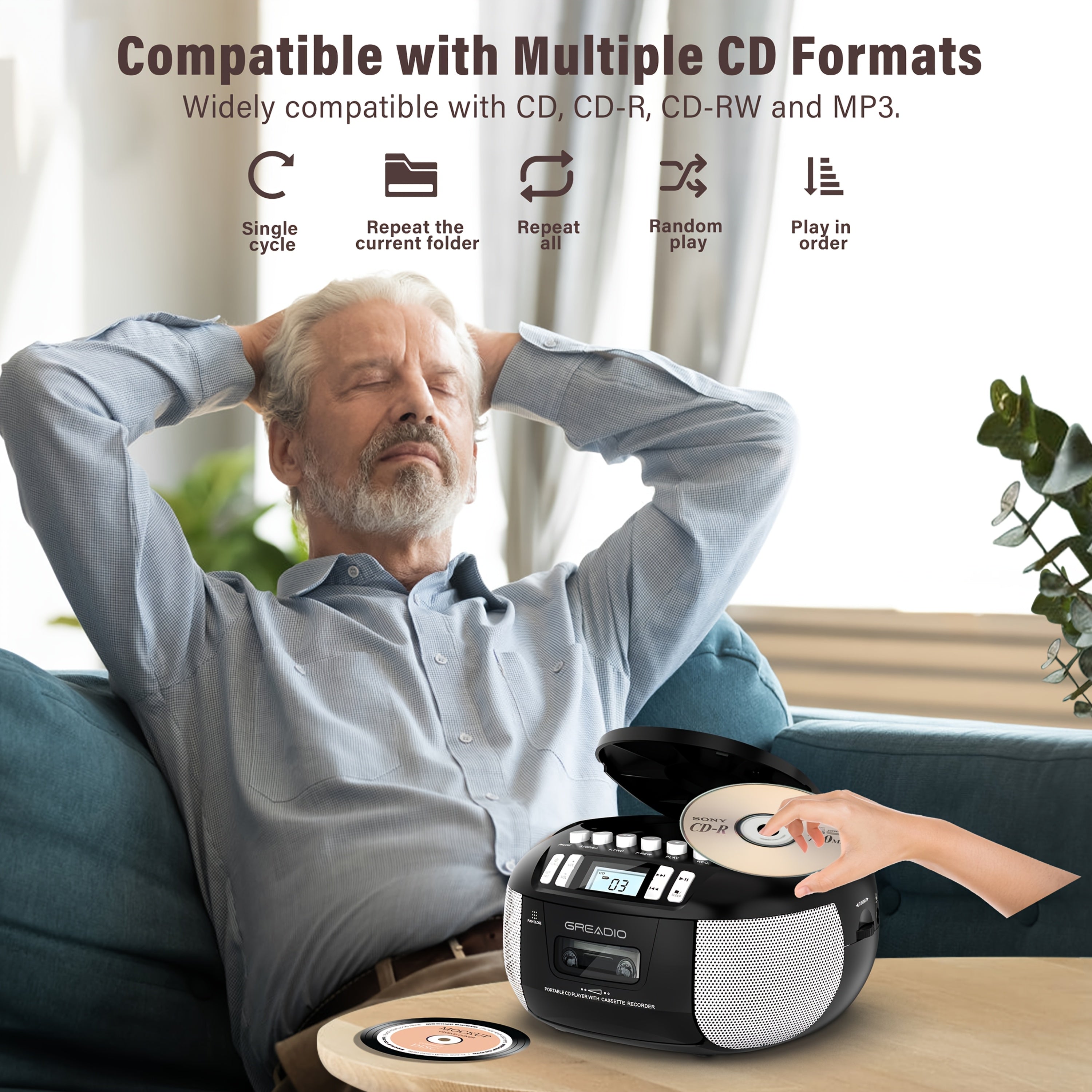 Greadio CD And Cassette Player Combo, Boombox CD Player Portable with AM/FM Radio, Tape Recording, Stereo Sound, AC/DC Powered, Aux/Headphone Jack, Sleep Timer for Home, Senior
