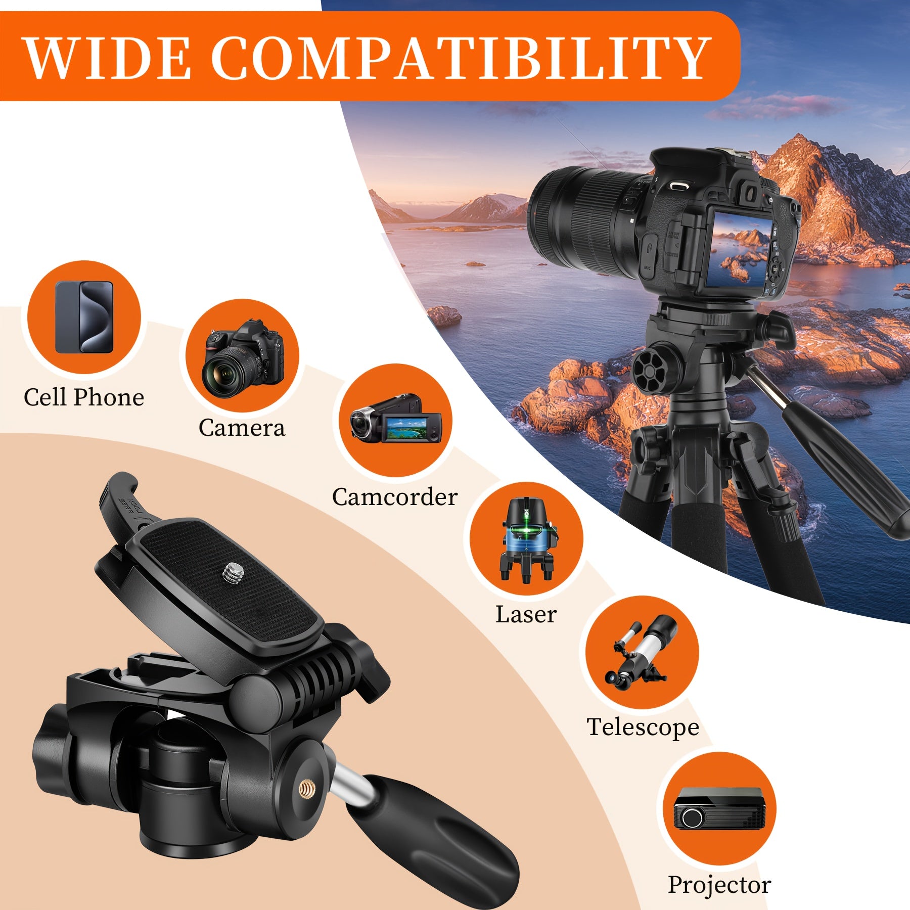 Professional Camera-Tripod 74" Heavy-Duty Stand, with Phone Holder, for DSLR Camera & Video - Compact Travel Tripod, Quick Release Plate & Bag - Ideal for Canon, Nikon, Sony, Compatible with Cell Phones, Projector