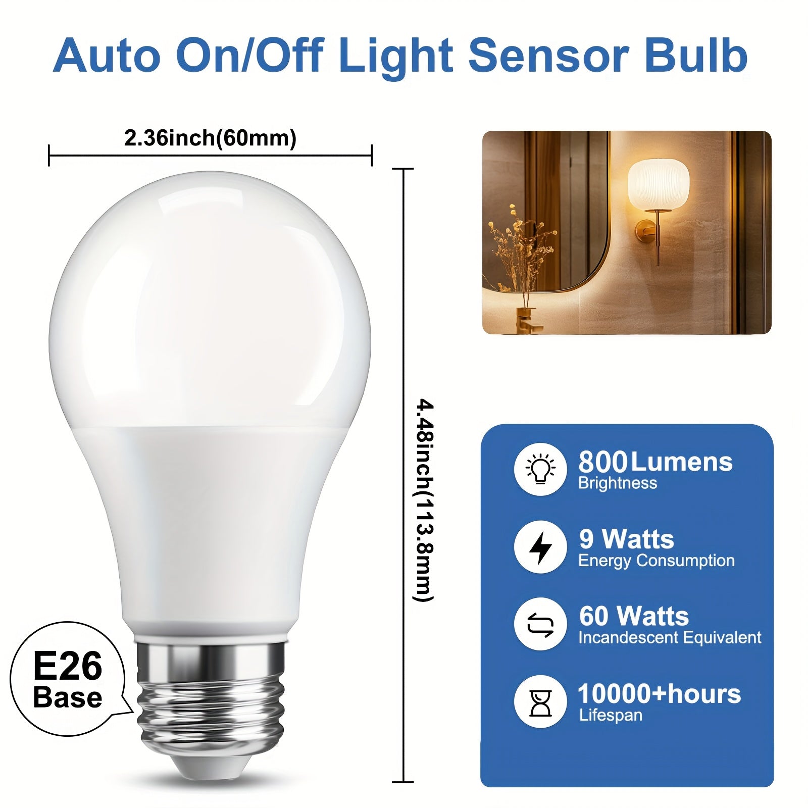 12/6Pack Dusk to Dawn Bulb, Light Sensor LED Bulb, Automatic On/off Photovoltaic Cell Bulb, 60W Equivalent, 9W, 5000K/2700k, E26 Base.