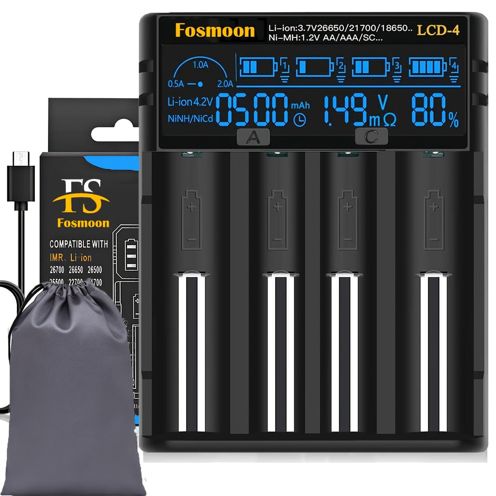 A Versatile Charger for 18650 Batteries Featuring an LCD Screen That Shows Battery Capacity, Compatible with 3.7V And 1.2V Batteries Including Sizes 26650, 18650, 18490, 18350, 17670, 17500, 16340, 14500, RCR123A