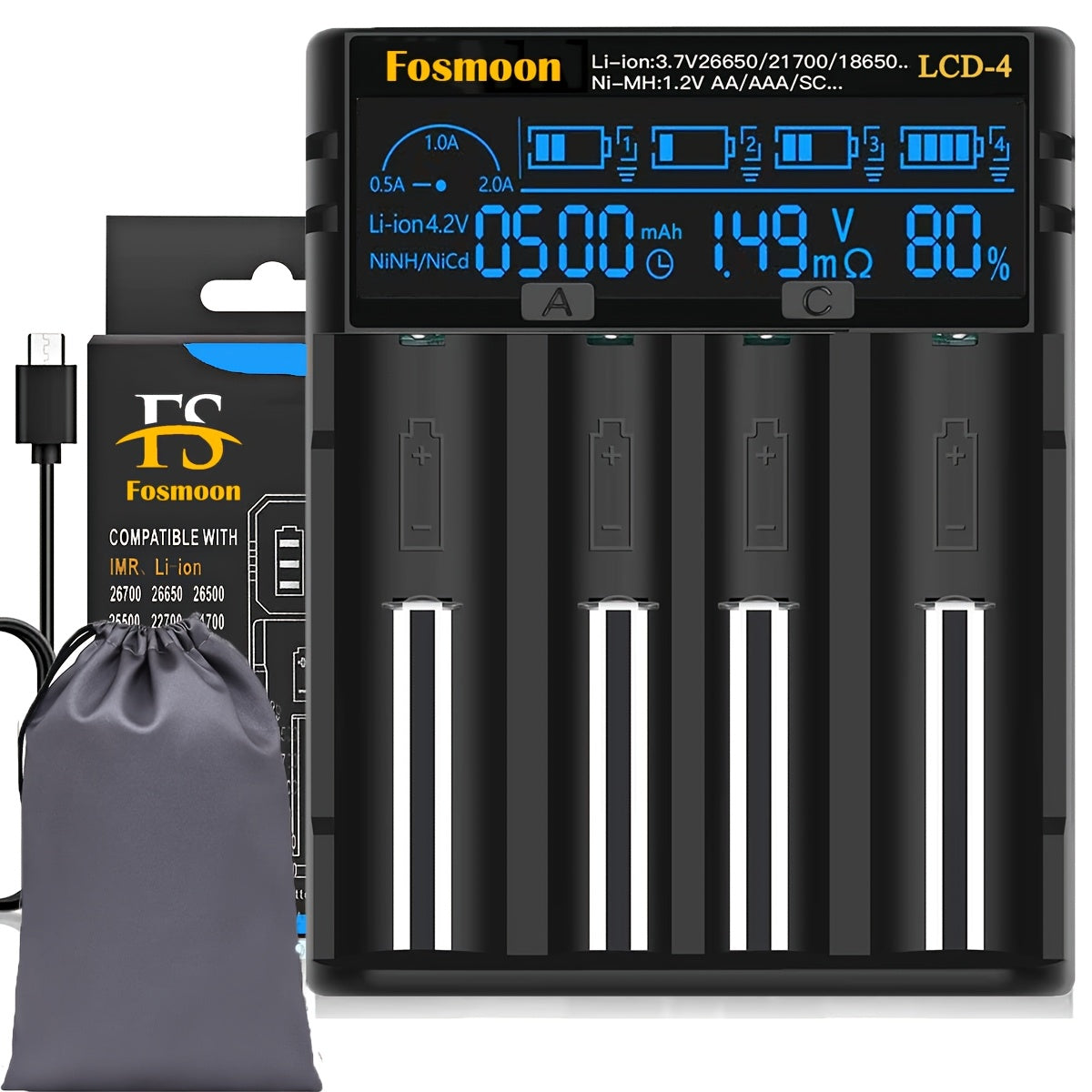A Versatile Charger for 18650 Batteries Featuring an LCD Screen That Shows Battery Capacity, Compatible with 3.7V And 1.2V Batteries Including Sizes 26650, 18650, 18490, 18350, 17670, 17500, 16340, 14500, RCR123A